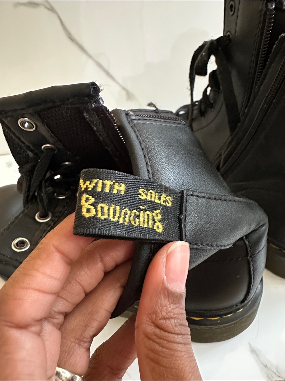 Black Lace-Up Combat Boots with Yellow Stitching - Women's Style: Doc Martins - Picture 7 of 10